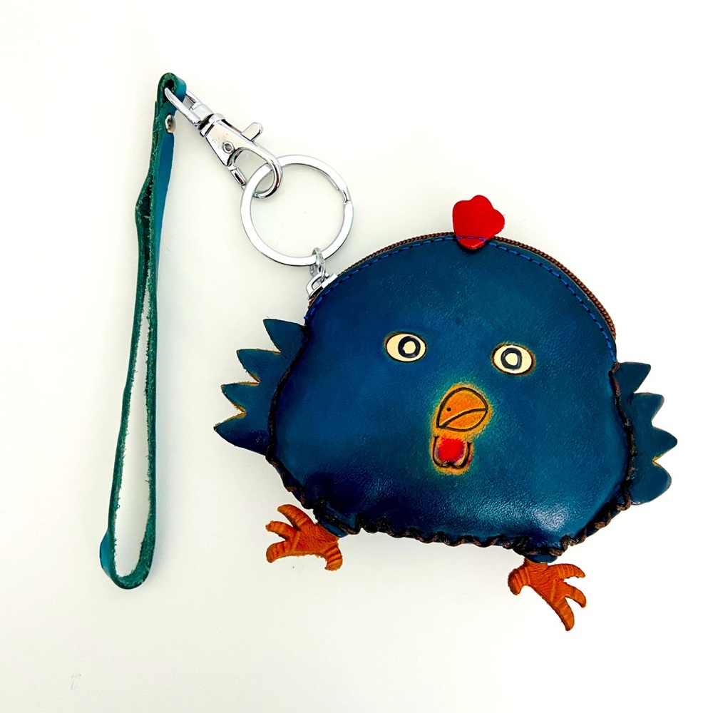 Made in Canada Leather Handmade Blue Hen Chicken Coin  Change Wallet Key Holder
